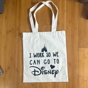 “I work so we can go to Disney” white canvas tote bag, new